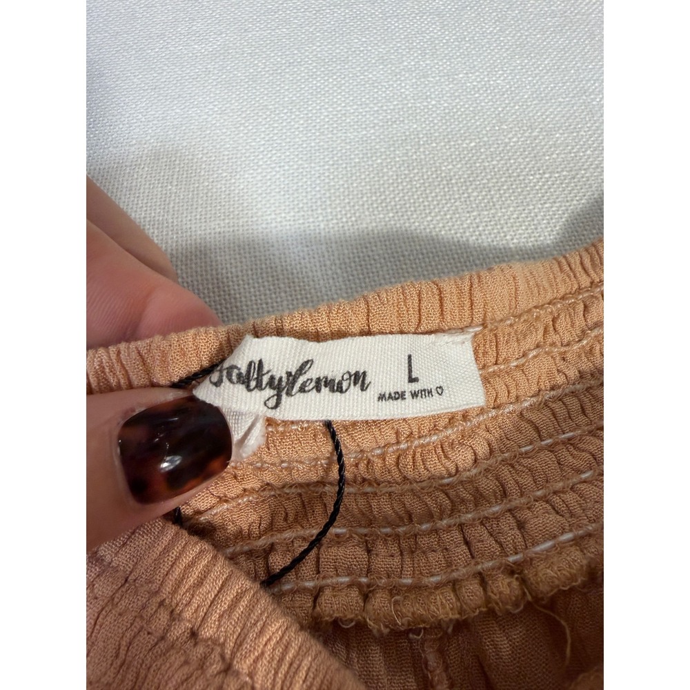 Salty Lemon Women Tan Crinkle Rayon 2 Piece Set Smocked Top Wide Leg Pants L - Picture 7 of 13